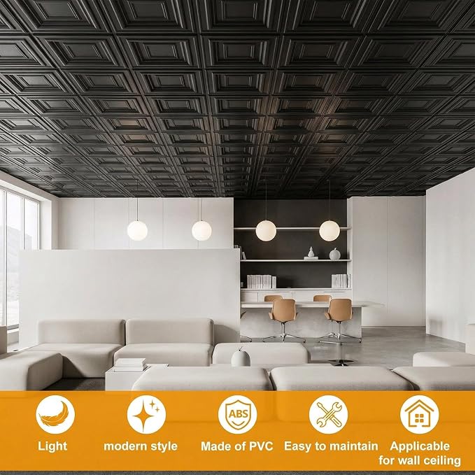 Nuanchu 60 Pcs Drop Ceiling Tiles 12x12 Inch, Glue up PVC Wall Panels,Black | Cuttable, Paintable, DIY, Waterproof, 3D Decorative Ceiling Panels for Bathroom Kitchen TV Background Living Room