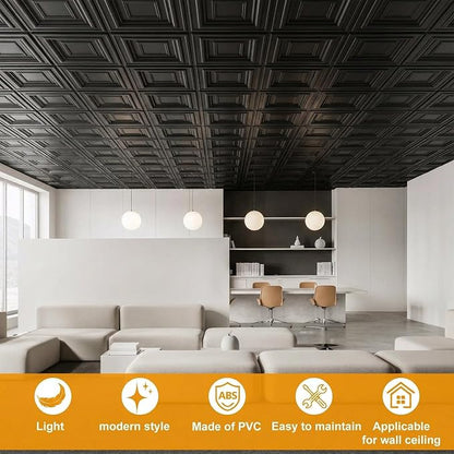 Nuanchu 60 Pcs Drop Ceiling Tiles 12x12 Inch, Glue up PVC Wall Panels,Black | Cuttable, Paintable, DIY, Waterproof, 3D Decorative Ceiling Panels for Bathroom Kitchen TV Background Living Room