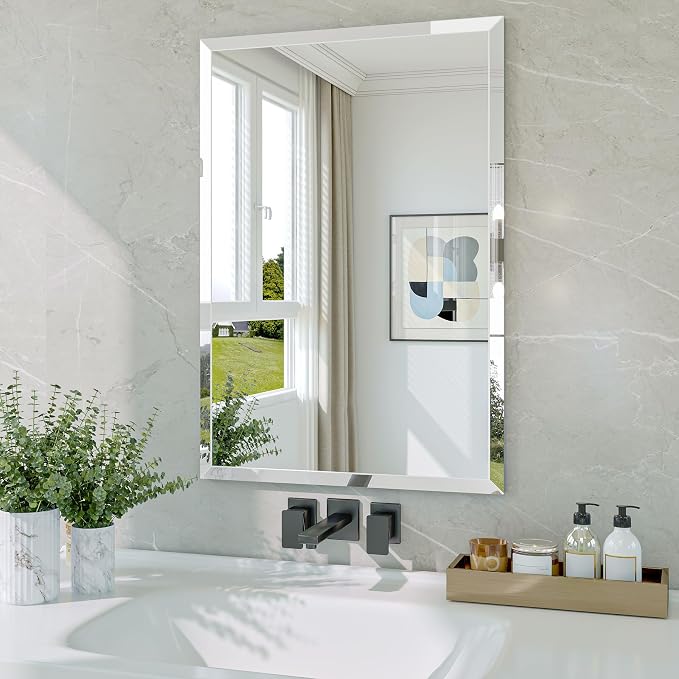 Frameless Bathroom Mirror, 18" x 26" Beveled Wall Mirror | 5mm HD glass, 20mm beveled edge, frameless, anti-rust, shatterproof, french cleat, horizontally or vertically