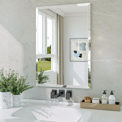Frameless Bathroom Mirror, 18" x 26" Beveled Wall Mirror | 5mm HD glass, 20mm beveled edge, frameless, anti-rust, shatterproof, french cleat, horizontally or vertically
