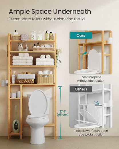 SONGMICS Over The Toilet Storage, 4-Tier Over Toilet Bathroom Organizer with Adjustable Shelves, 10.2 x 32.7 x 72.8 Inches, Space-Saving, Natural Beige UBTS017N01