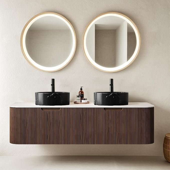 60" Floating Bathroom Vanity with Double Sink, Wall-Mount Storage Cabinet 2 Large Storage Drawer, 2 Black Ceramic Basins with Stone Pattern and Marble Top, Soft-Close Design, Dark Walnut