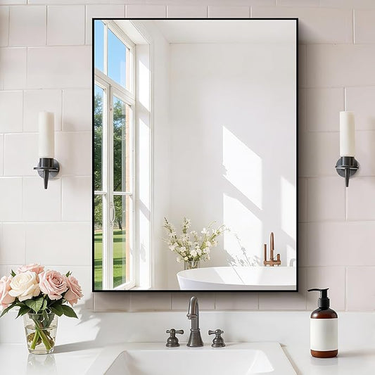Black Bathroom Mirror for Wall, 24x32 Inch Rectangle Mirror with Metal Frame, Modern Vanity Mirrors for Bathroom Living Room, Entryway Hangs Horizontal or Vertical