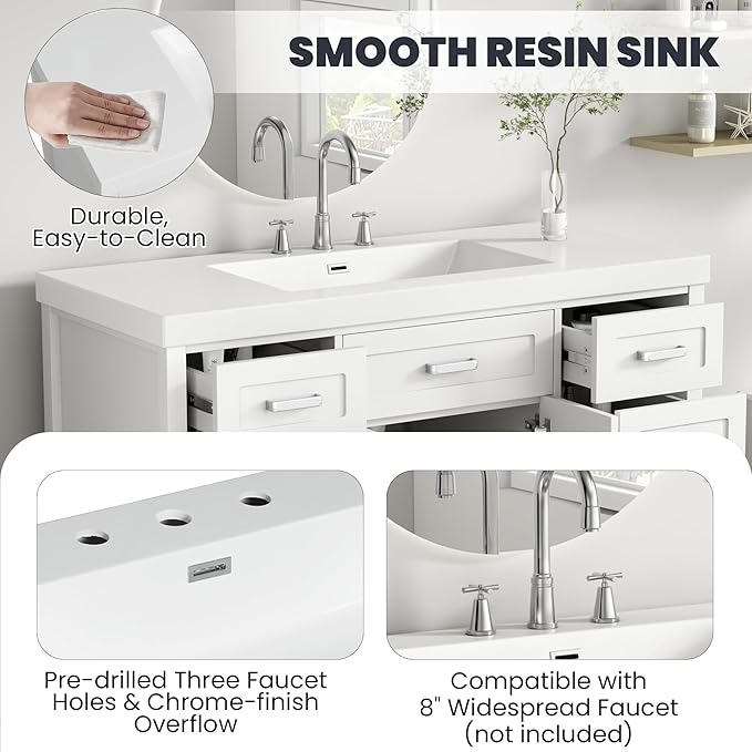 Harper & Bright Designs 48" Bathroom Vanity Set with Sink, Free Standing Single Basin Vanity Set with 2 Soft-Close Doors and 8 Drawers, Wood Storage Cabinet with Resin Basin for Bathroom, White