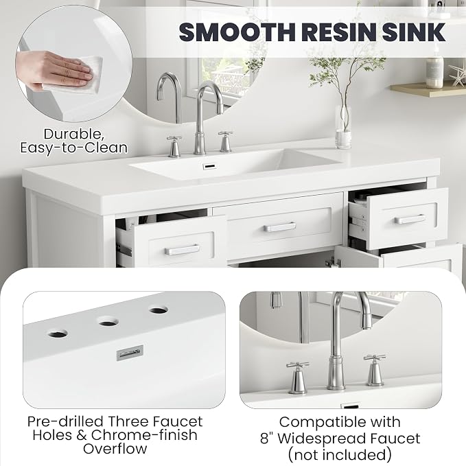 48" Bathroom Vanity with Resin Sink, Cabinet with Soft-Closing Drawers and Doors, Simple & Modern Style, Solid Wood Frame, White