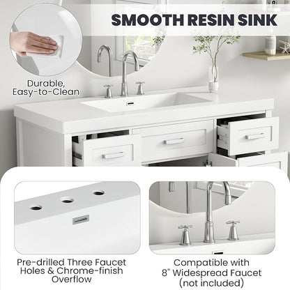 48" Bathroom Vanity with Resin Sink, Cabinet with Soft-Closing Drawers and Doors, Simple & Modern Style, Solid Wood Frame, White