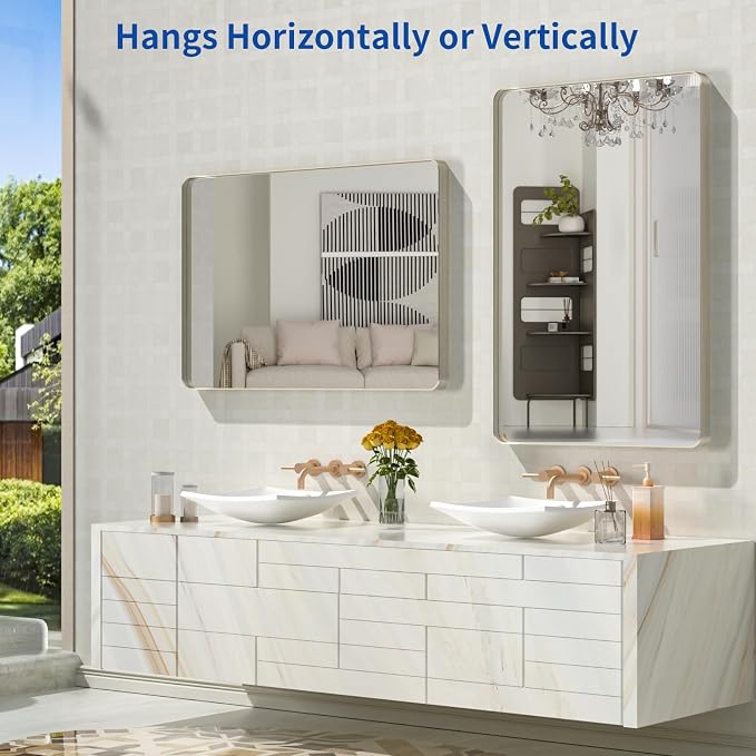 WEER Brushed Nickel Bathroom Mirror 24X36 Inch | Silver Metal Framed Vanity Mirror, Rounded Rectangle, Tempered Glass, Anti-Rust, Hangs Horizontally or Vertically