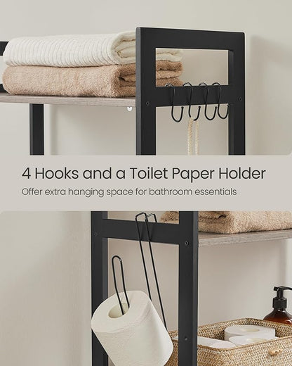 SONGMICS Over-The-Toilet Storage, 3-Tier Bathroom Organizer Over Toilet with Adjustable Shelves, Hooks, Bamboo, Freestanding Space Saver Bathroom Shelves, Heather Greige and Ink Black UBTS012W01