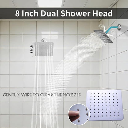 Polished Chrome Shower System with 3 Rain Shower Head(12+8+8 inch), Handheld Spray, 4 Way Smart Temperature Display Shower Faucet set