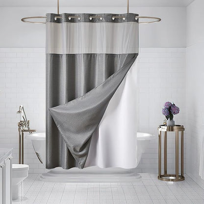 Furlinic No Hook Shower Curtain with Snap in Fabric Liner Set,Waffle Weave Heavy Duty Bathroom Curtain with See Through Window,Waterproof & Machine Washable,Hotel Style,Light Grey,71x72 Inch