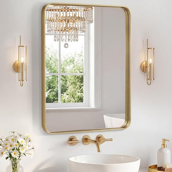 Sweetcrispy Bathroom Mirror 30x24 Inch, Vanity Mirror for Wall | Metal Framed Rounded Rectangle, Over Sink, Farmhouse, Restroom, Anti-Rust, Horizontal or Vertical Hanging, Gold