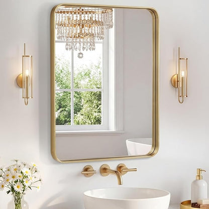 Sweetcrispy Bathroom Mirror 30x24 Inch, Vanity Mirror for Wall | Metal Framed Rounded Rectangle, Over Sink, Farmhouse, Restroom, Anti-Rust, Horizontal or Vertical Hanging, Gold