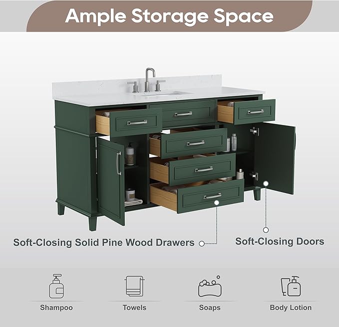 60 Inch Green Bathroom Vanity Single Sink, Fully Assembled Bathroom Vanities with Soft Closing Doors & Dovetail Drawers, Solid Wood Vanity Bathroom, 60 Inch Vanity Single Sink