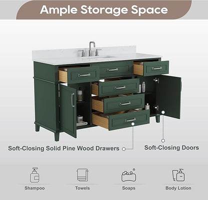 60 Inch Green Bathroom Vanity Single Sink, Fully Assembled Bathroom Vanities with Soft Closing Doors & Dovetail Drawers, Solid Wood Vanity Bathroom, 60 Inch Vanity Single Sink