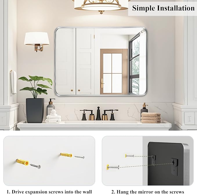 Silver Bathroom Vanity Mirror Over Sink 24x30, Wall Mounted Chrome Mirror | Fabuday Matte Metal Brushed Nickel Framed Rectangle Mirror for Living Room, Bedroom, Entryway Decor, Wall Mounted