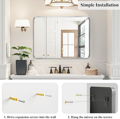 Silver Bathroom Vanity Mirror Over Sink 24x30, Wall Mounted Chrome Mirror | Fabuday Matte Metal Brushed Nickel Framed Rectangle Mirror for Living Room, Bedroom, Entryway Decor, Wall Mounted