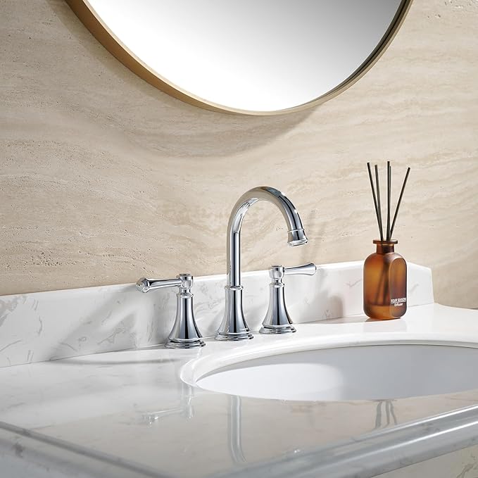 Chrome Two Handle 8 inch Widespread Bathroom Sink Faucet 3 Holes with Pop-Up Drain, High Arc Modern Bathroom Vanity Faucet with Brass 360° Swivel Spout,TAF830Y-CP
