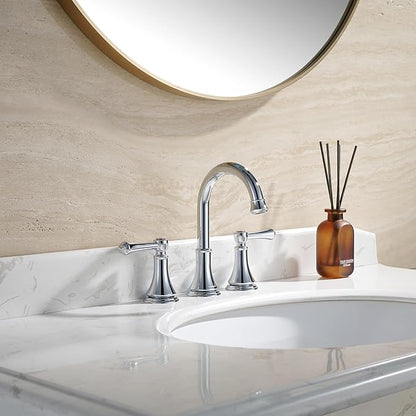 Chrome Two Handle 8 inch Widespread Bathroom Sink Faucet 3 Holes with Pop-Up Drain, High Arc Modern Bathroom Vanity Faucet with Brass 360° Swivel Spout,TAF830Y-CP