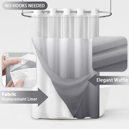 No Hook Shower Curtain with Liner Set Hotel Waffle Ombre Grey 72W X 75L | Washable Snap in Fabric Liner, Mesh Top Window, Waffle Hotel Style Shower Curtain Set