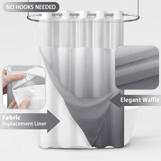 No Hook Shower Curtain with Liner Set Hotel Waffle Ombre Grey 72W X 75L | Washable Snap in Fabric Liner, Mesh Top Window, Waffle Hotel Style Shower Curtain Set