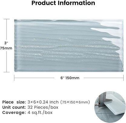 Glass Subway Tiles, 3 x 6 Inch, Gray Glass Tiles for Backsplash, Bathroom Shower Wall, Pack of 32 Pieces