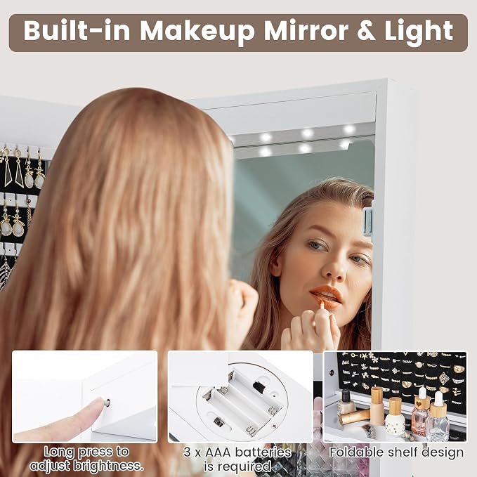 GOFLAME 360° Rotating Jewelry Cabinet with Full Length Mirror, Standing LED Mirror Jewelry Armoire, Lockable Jewelry Organizer with Hair Dryer Rack, Back Storage Shelves, Inner Makeup Mirror, White