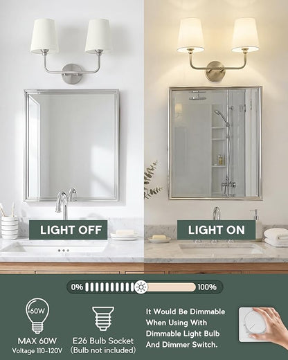 2-Light Bathroom Light Fixtures, Brushed Nickel Vanity Lights, Double Wall Sconce with Beige Fabric Shade, Modern Sconces Wall Lighting for Hallway Bedroom Stairway, VL837-BN-B-2