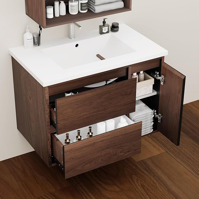 30 Inch Floating Bathroom Vanity Cabinet Only, Wall Mounted Storage Cabinet, Luxury Bathroom Organizer – Walnut Finish, with 2 Drawers & Door Storage Compartment, Easy Assembly
