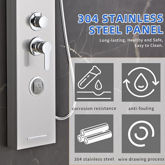 6 in1 Multi-Function Shower Panel Tower System-Brushed Gray | 304 stainless steel Shower Panel Column Tower with Powerful Body Massage, Rainfall, Waterfall,Handheld and Tub Spout