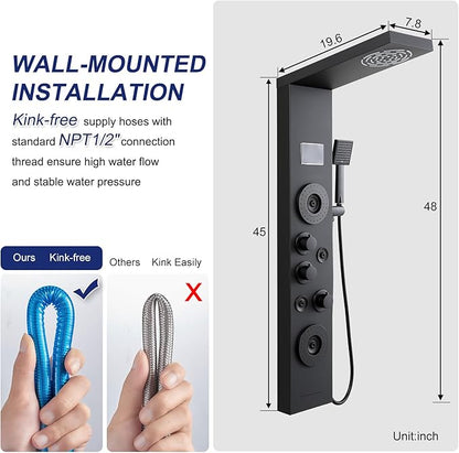 ROVATE LED Shower Panel Tower System with Rainfall Mist Shower Head, Matte Black 6-in-1 Shower Tower with Jets and Handheld and Digital Temperature Display, High Pressure Shower Column with Tub Spout