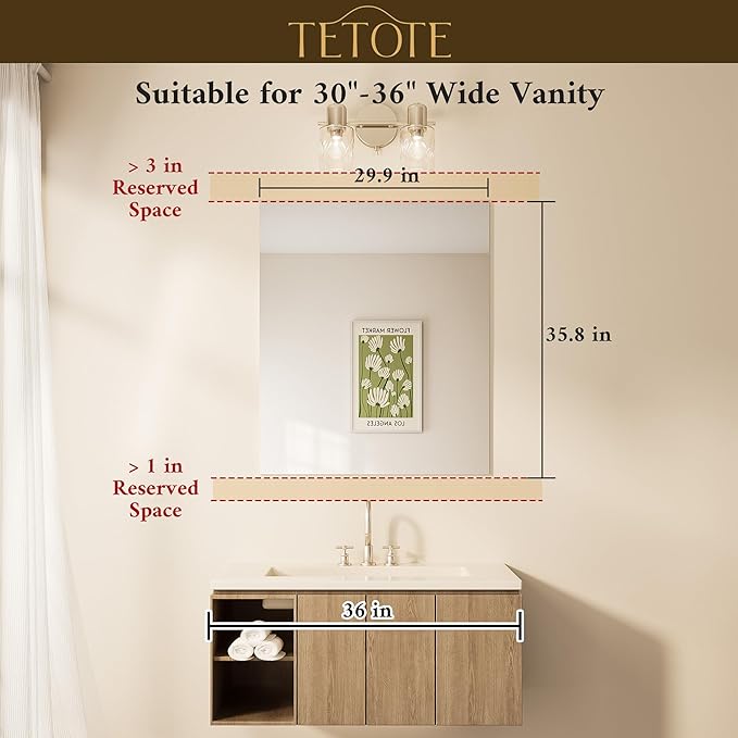 TETOTE Frameless Mirror 30" x 36" Frameless Tempered Bathroom Vanity Wall Mirror for Bedroom, Living Room, Entryway, Gym, Vertically/Horizontally