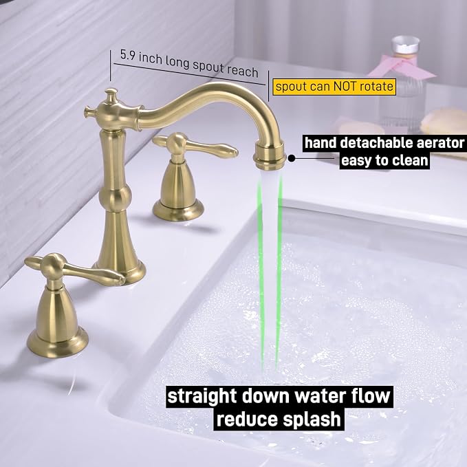 TRUSTMI 8" Widespread Brushed Gold Faucet w/Pop-Up Drain & Supply Lines | Solid Brass, fits 3-Hole Vanity Sink, cUPC Lines, Overflow Drain