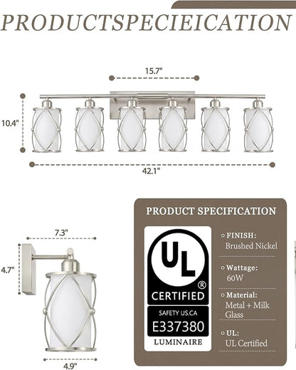 6-Light Brushed Nickel Bathroom Light Fixtures Over Mirror, 42" UL-Listed Modern Wall Sconce Lights with Milk White Frosted Glass and Metal Cage for Bath, Hardwire E26, CH9176BNW-6W