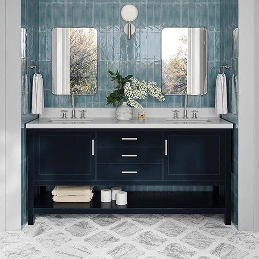 ARIEL Bayhill 72-inch Bathroom Vanity with Sink,Solid Wood, 1.5-inch Pure White Quartz Countertop, Double Rectangular Porcelain Sink, 2 Soft Closing Doors, 3 Dovetail Drawers, Midnight Blue