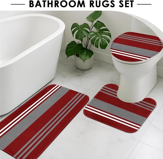 Bathroom Sets with Shower Curtain and Rugs, 4 Pcs, Abstract Stripes | Vintage Modern Burgundy Bathroom Decor Set with Toilet Lid Cover, Non-Slip Bath Mats and Accessories 12 Hooks