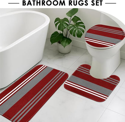 Bathroom Sets with Shower Curtain and Rugs, 4 Pcs, Abstract Stripes | Vintage Modern Burgundy Bathroom Decor Set with Toilet Lid Cover, Non-Slip Bath Mats and Accessories 12 Hooks