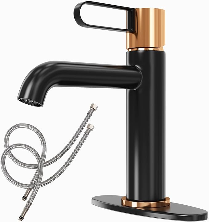 Single Handle Bathroom Faucet for 1 or 3 Hole with Deck Plate, Durable Brass Body, Leak-Free Cartridge, Hot/Cold Water Mixer, Easy Install, Luxury Matte Black Sink Faucet Single Hole for Vessel Vanity
