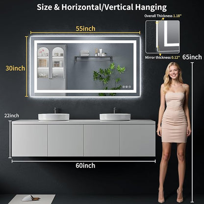 55"x30" LED Bathroom Mirror with Lights, Backlit+Frontlit, Anti-Fog | CRI 95, Stepless Dimmable, 3 Colors Lighting, Shatterproof Tempered Glass, HD Reflection, Memory, (Horizontal/Vertical)