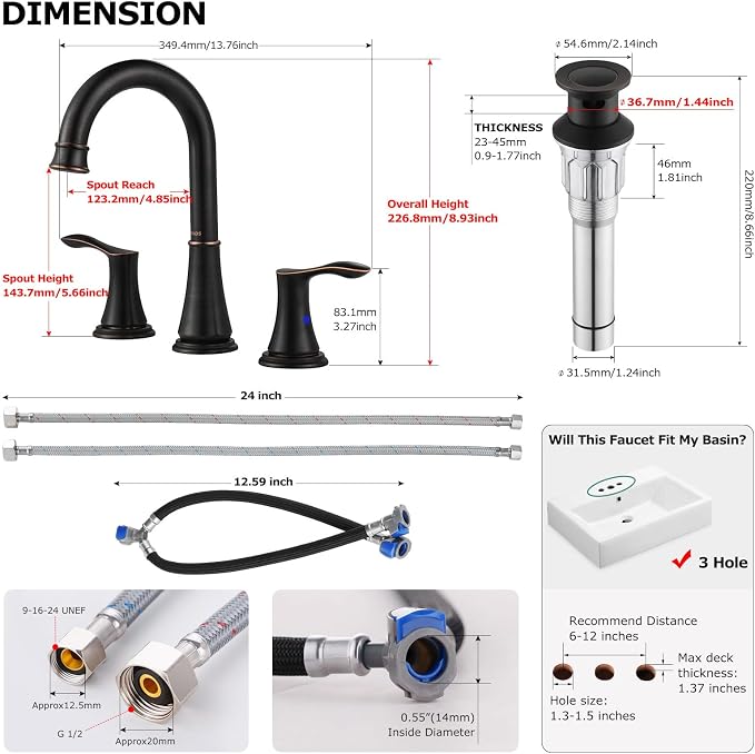 Oil Rubbed Bronze Widespread Bathroom Sink Faucet 8 Inch for Vanity | with All Metal Pop Up Drain, High Arc 2 Handle Lead-Free Deck Mount Bathroom Faucet for 3 Hole Lavatory Utility Sink