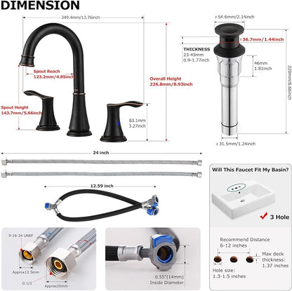 Oil Rubbed Bronze Widespread Bathroom Sink Faucet 8 Inch for Vanity | with All Metal Pop Up Drain, High Arc 2 Handle Lead-Free Deck Mount Bathroom Faucet for 3 Hole Lavatory Utility Sink