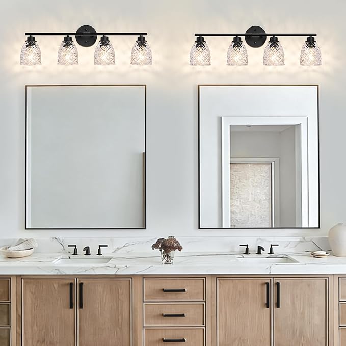 4-Light Vanity Light Over Mirror, Black Bathroom Light Fixtures | Modern Farmhouse Wall Sconces with Hammered Glass Lampshade for Kitchen Hallway Bedroom Living Room Cabinet Porch-27.5IN