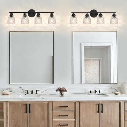 4-Light Vanity Light Over Mirror, Black Bathroom Light Fixtures | Modern Farmhouse Wall Sconces with Hammered Glass Lampshade for Kitchen Hallway Bedroom Living Room Cabinet Porch-27.5IN