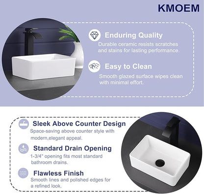 Vessel Sink 15"x9" Rectangular Bathroom Sink Modern White Porcelain Ceramic Above Counter Drop-in Vanity Sink for Bathrooms Art Basin