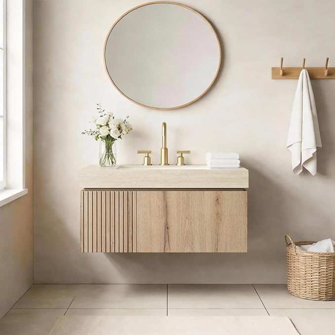 Ambrovina 36" Floating Bathroom Vanity with Sink, Wall Mounted Storage Vanities with Drawer and Door, Roma Travertine-Pattern Countertop and 3 Pre-drilled Faucet Holes Ceramic Basin, Light Oak