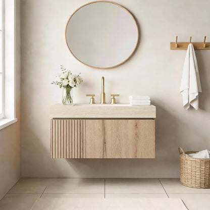 Ambrovina 36" Floating Bathroom Vanity with Sink, Wall Mounted Storage Vanities with Drawer and Door, Roma Travertine-Pattern Countertop and 3 Pre-drilled Faucet Holes Ceramic Basin, Light Oak