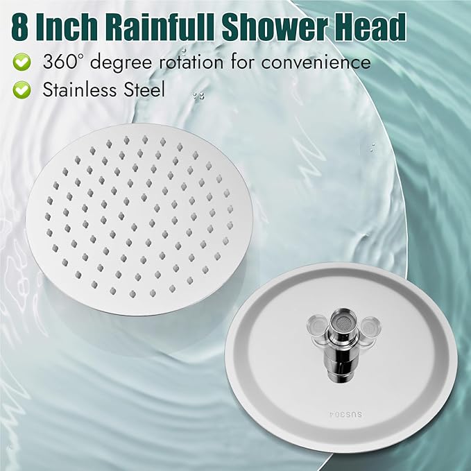 Heyalan 8-Inch Round Rain Shower Faucet Set with Valve,Polished Chrome | SUS304 stainless steel shower head, brass rough-in valve, single-handle control, 1.8 GPM, ideal for bathroom remodels