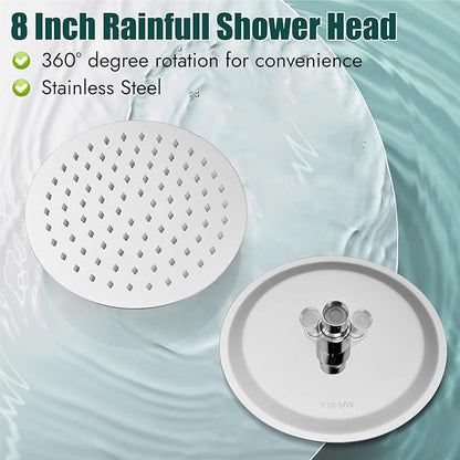 Heyalan 8-Inch Round Rain Shower Faucet Set with Valve,Polished Chrome | SUS304 stainless steel shower head, brass rough-in valve, single-handle control, 1.8 GPM, ideal for bathroom remodels