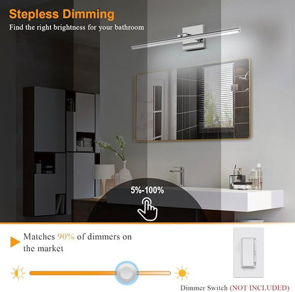 LED Bathroom Vanity Light, Modern Bathroom Light Fixture Over Mirror (3000K/4000K/6000K, Dimmable), Vanity Light Bar with Angle Adjustable, 24 Inch, Chrome