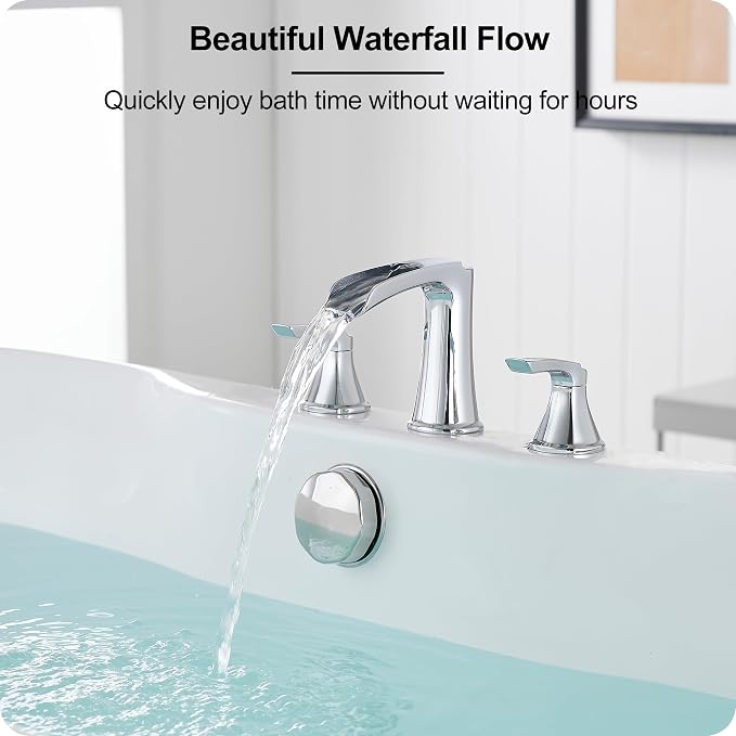 Widespread Waterfall Bathtub Faucet Set, Brass Chrome Roman Tub Faucet 3 Hole 8 Inch, 2 Handle Deck Mount with Supply Water Hoses for Garden Tub, Lifetime Use & 20 Mins Easy to Install