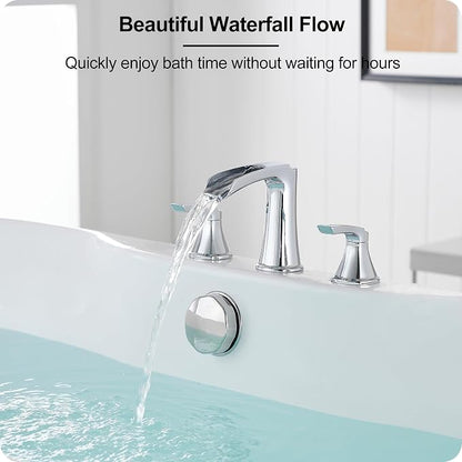 Widespread Waterfall Bathtub Faucet Set, Brass Chrome Roman Tub Faucet 3 Hole 8 Inch, 2 Handle Deck Mount with Supply Water Hoses for Garden Tub, Lifetime Use & 20 Mins Easy to Install
